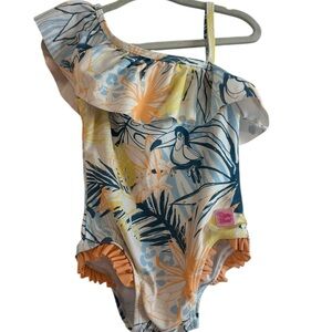 Ruffle Butts Blue and Orange Tropical One-Shoulder Swimsuit